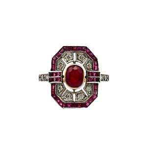 Deco 18k Gold & Platinum Ring with Rubies and Diamonds