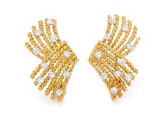 A Pair of 18 Karat Yellow Gold and Diamond "V-Rope" Earclips, Schlumberger for Tiffany & Co., 10.90 dwts.