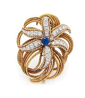 A Yellow Gold, Platinum, Sapphire and Diamond Brooch, 15.60 dwts.