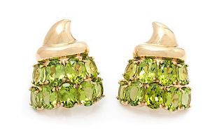 A Pair of Yellow Gold and Peridot Earclips, 18.70 dwts.