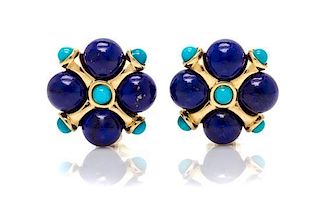 A Pair of 18 Karat Yellow Gold, Lapis Lazuli and Turquoise Earclips, 13.00 dwts.
