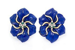 A Pair of Yellow Gold, Lapis Lazuli, Emerald and Diamond Floral Motif Earclips, 14.00 dwts.