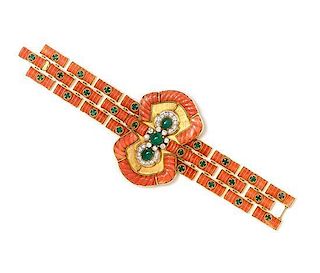 A Yellow Gold, Emerald, Coral and Diamond Bracelet, 62.50 dwts.