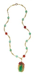 * A Yellow Gold, Jade and Carnelian Bead Necklace and Pendant, 69.30 dwts.