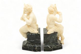 European White And Green Marble Bookend Ca. 1890, "Satyr Playing Pan Flute", H 9" W 6" Depth 4" 1 Pair