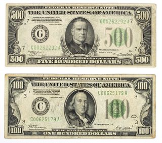 Series 1934 Five Hundred Dollar Federal Reserve Note & Series 1928 One Hundred Dollar Federal Reserve Note, H 3" W 6.5" 2 pcs