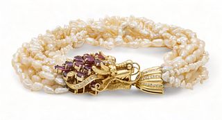 Seed Pearl, 14k Yellow Gold, Ruby, And Diamond Dragon Bracelet, L 10"