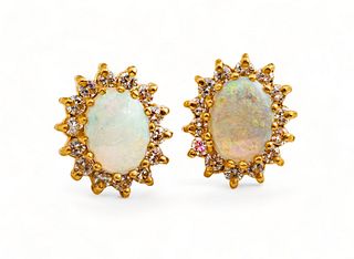 Opal And Diamond Earring Studs, 14K 3.9g 1 Pair