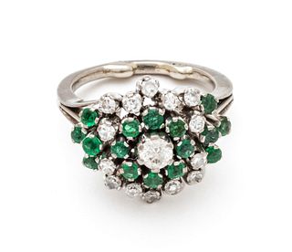 Diamond And Emerald Cluster Ring, 14K White Gold, Size 5 1/4 Ca. 1950, 7.2g