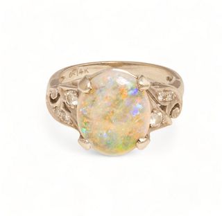 Opal, Diamond, 14K White Gold Ring, Size 6.5 Ca. 1950, 5.1g