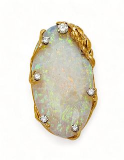 Opal Pendant, 14K, Diamonds Ca. 1950, H 1.75" W 1" 10g