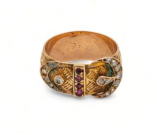 Gold Plated Ring Band , Diamond & Ruby, Size 8.5, Ca. 1920, 6.5g