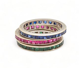 Ruby, Emerald And Sapphire Eternity Bands, Size 7, 6.4g 3 pcs