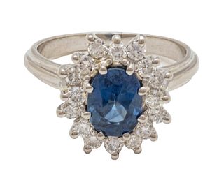 Blue Sapphire And Diamond Ring, Platinum Size 8, 9g