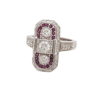 Ruby And Diamond, 14K White Gold Ring, Size 6 1/2 Ca. 1940, 9g