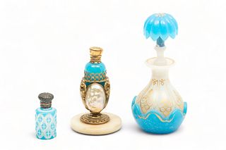 French Blue Opaline Glass Perfume Bottles, 19Th C., H 7.25", Dia 3.5", 3 Pcs