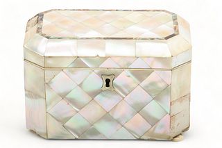 English Mother of Pearl Clad Tea Caddy, 19Th C., H 4", W 6", D 3.75"