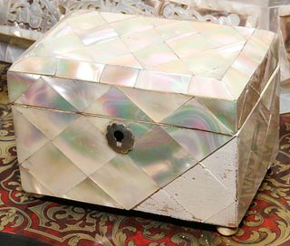 English Mother of Pearl Clad Tea Caddy, 19Th C., H 3.25", L 4.5", D 3"