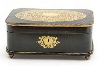 French Empire Boulle & Ebony Document Box, C. 1840, H 5.75", W 13", D 9.25"