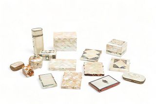 English Mother of Pearl & Abalone Clad Small Boxes, 19Th C., L 1 .5"-4.5", 15 Pcs