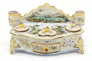 Veuve Perrin (French) Faience Inkwell Desk Set, H 5" W 9" Depth 5.5"