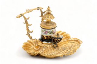 French D'ore Bronze Inkwell Set, 19Th C., H 4.25", W 6.75", D 5.75"