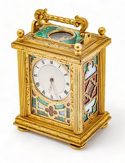 John Barwise (London) Carriage Clock, Malachite, Goldstone, Opal Glass Ca. 1880, H 4.5" W 3.5"