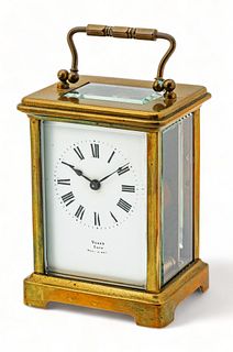 French Gilt Brass Carriage Clock "Made for Vokes, Bath", H 4.5" W 3.2"