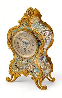 Louis XV Style Boudoir Clock, Champleve Enamel Case H 8" W 4.5"