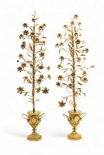 French D'oré Bronze Urn Form Planters, Lily Trees, Ca. 19th C., H 63'' W 16''