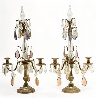 French Louis XV Style Bronze And Crystal Three Light Girandoles Ca. 1850, H 24" Dia. 13" 1 Pair