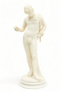 Ferdinando Vichi (Italian, 1875-1945) Hand Carved Marble Sculpture Ca. 1900, "Narcissus", H 26.25" Dia. 10"