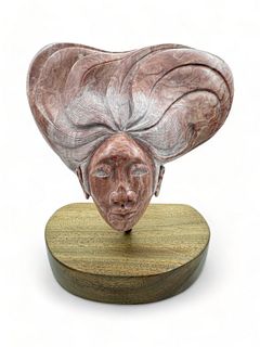 Donald Jaramillo (American, 1949-2001) Carved Rose Alabaster Sculpture, Head of a Woman, H 14" W 18"