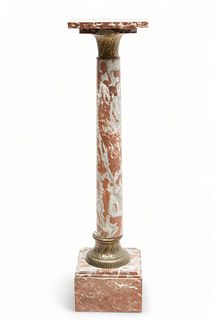 Marble And Bronze Pedestal, Mottled Rouge And Gray Ca. 1900, H 41" W 10"