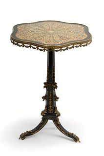 French Tortoise Shell & Ebony Boulle Pedestal Table C. 1870 H 27.7" Dia 19.5"
