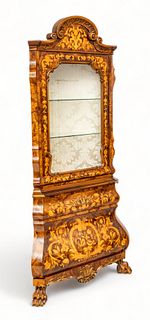 Dutch Influence Carved Wood & Marquetry Inlay Bombe Corner Cabinet, H 84.5" L 40" Depth 21"