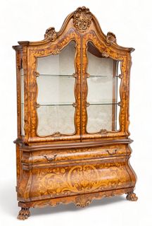 Dutch Influence Carved Wood And Marquetry Inlay Bombe China Cabinet, H 98" L 61.5" Depth 22"