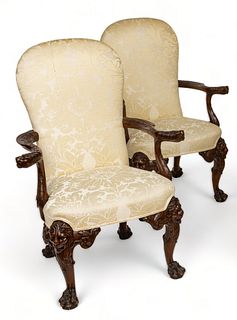 Chippendale Style Carved Mahogany Open Arm Chairs, H 44" W 31" Depth 24" 1 Pair