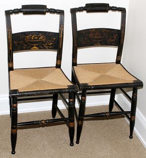 Hitchcock Style Painted Wood & Rush Seat Chairs, C. 1910, H 34", W 19", D 16", 8 Pcs