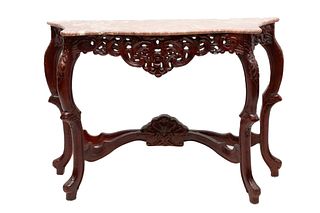 Carved Wood And Marble Top Console Table, Ca. 20th C., H 33" W 49" Depth 15.5"