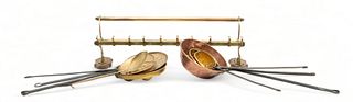 German/Dutch Antique Brass & Copper Kitchen Utensils, on Hanging Brass Rack, H 7", W 30", D 9.5", 13 Pcs