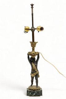 French Louis XVI Style Bronze And Marble Candlestick Lamp Ca. Early 20th C., "Cherub", H 16" W 4.5" L 4.5"
