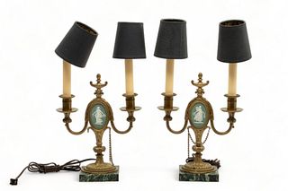 Bronze Table Lamps, Wedgwood Style Panels, C. 1930, H 19", W 10.5", 1 Pair