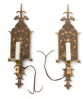 Whitacre And Co. Brass Single Light Sconces, Pair, H 18.5" W 5.5"