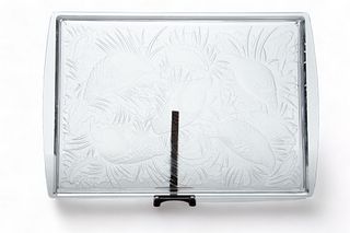 Lalique (French) 'Perdrix-Partridge' Frosted Crystal Plateau Tray, W 12" L 17.75"