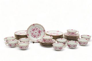 Meissen (German) 'Indian Pink' Porcelain Dessert Plates, Cups & Saucers, H 2" W 4" L 4.5" 36 pcs