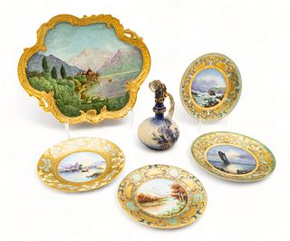 French (Hand Painted Tray, Plates (4) And Austria Turn Porcelain Vase) L 16" 6 pcs