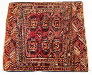 Turkoman Bokhara Handwoven Wool Rug, Ca. 1900-1910, W 3' 5'' L 3' 9''
