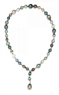 A White Gold and Cultured Tahitian Pearl Lariat Necklace,