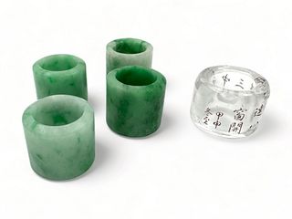 Chinese Green Jade Archer Rings (4) And Crystal Quartz Archer's Ring (1) H 1" 5 pcs